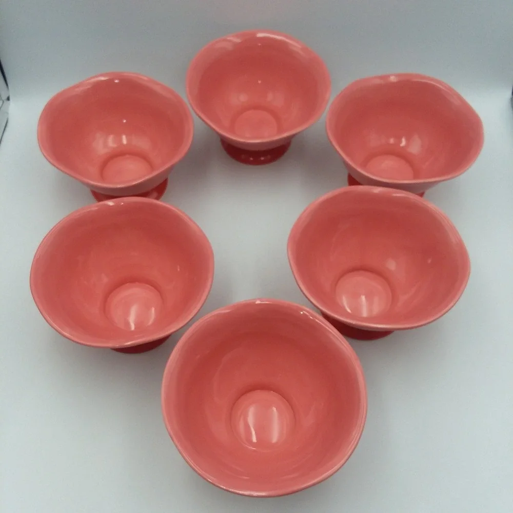 6 Crate & Barrel‎ Ice Cream Dessert Bowls Coral Pedestal Ribbed Sundae Summer